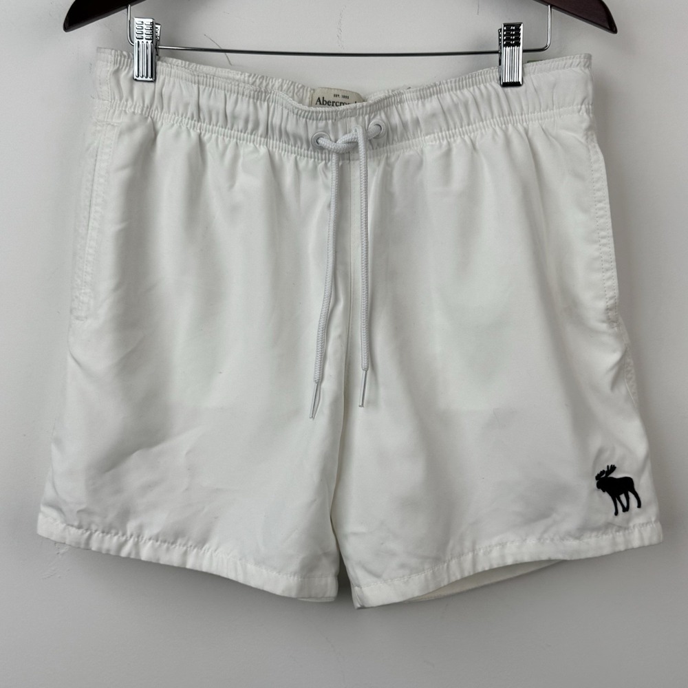 Abercrombie &‎ Fitch Swim Trunks Shorts Mens L White Drawstring Moose Logo NEW